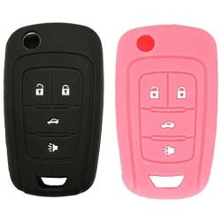 LemSa 2 Pack Keyless Entry Remote Car Flip Key Fob Outer Shell Cover Soft Rubber Silicone Protector Keyless Jacket Case for Chevrolet Camaro Cruze Chevy Equinox Sonic Terrain Key Fob, Black/Pink
