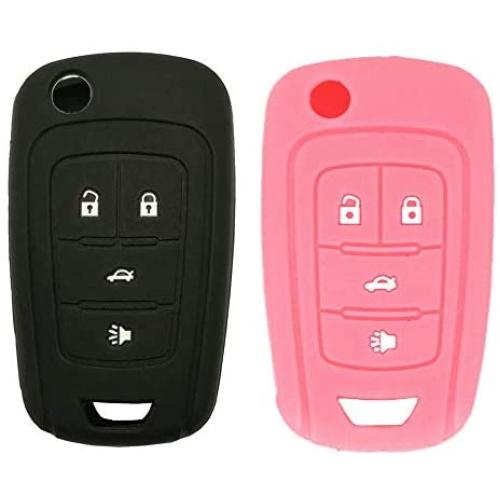 LemSa 2 Pack Keyless Entry Remote Car Flip Key Fob Outer Shell Cover Soft Rubber Silicone Protector Keyless Jacket Case for Chevrolet Camaro Cruze Chevy Equinox Sonic Terrain Key Fob, Black/Pink