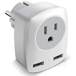 Europe Travel Adapter, European Plug Adapter for America to France/Germany/Italy/Finland/Greece/Iceland, International Power Adaptor 2 USB & 1 US Outlet to Charge iPhone iPad Laptop (Schuko Type E/F)