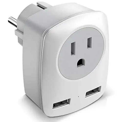 Europe Travel Adapter, European Plug Adapter for America to France/Germany/Italy/Finland/Greece/Iceland, International Power Adaptor 2 USB & 1 US Outlet to Charge iPhone iPad Laptop (Schuko Type E/F)
