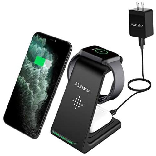 Wireless Charger,3 in 1 Wireless Charging Station,Qi Fast Charging Stand Dock for Apple Watch Series,AirPods,iPhone 12 Pro iPhone 11 Pro Max X XR XS 8 Plus with QC 3.0 Adapter by Alpharan (Black)