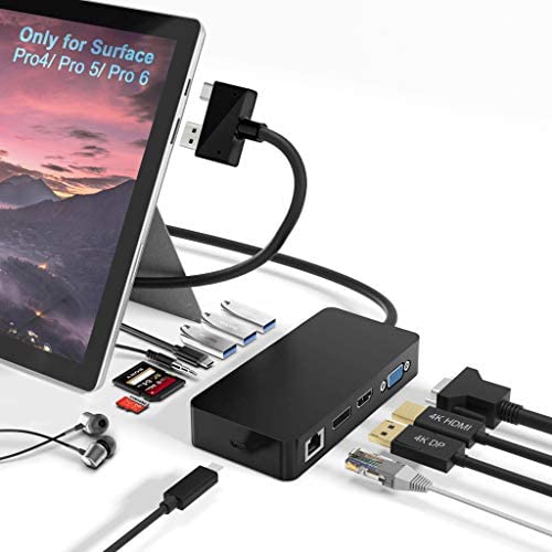 Surface Pro Dock for Surface Pro 4/5/6 Docking Station with HDMI, VGA, DP, RJ-45 Gigabit Ethernet Port, 3X USB 3.0 Ports, USB C Sync Port, Audio Out Port, SD/TF Card Reader, Micro USB Port