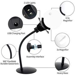 XYK 3X 4.5X Charged Magnifying Lamp, Folding Design with 2 LED Lights Magnifier, Hands Free Magnifying Glass with Light for Close Work, Reading, Workbench, Crafts, Hobbies