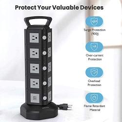 Power Strip Surge Protector Tower JACKYLED Electric Charging Station 13A 18 AC Outlets 4 USB Ports with 16AWG 6.5ft Heavy Duty Extension Cord for Home Office Computer Laptop Black Grey