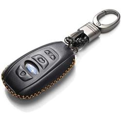 Vitodeco Leather Keyless Remote Smart Key Fob Case Cover with a Key Chain for 2014-2021 Subaru Forester, Impreza, Outback, WRX, BRZ, XV Crosstrek (4-Button, Black)