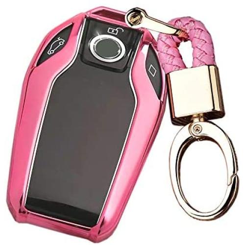 Royalfox(TM) Soft TPU Smart Display LCD Remote Key Fob case Cover for BMW 5 Series(2018) 528Li 530Li 540Li,BMW 2016 2017 2018 7 Series G11 G12 (Pink)