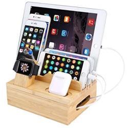 Charging Station for Multiple Devices, SNEDIY Bamboo Charging Station Dock for 4/5/6 Ports USB Charger, 7 in 1 Desktop Docking Station Without Power Supply Compatible with iPhone/iPad/Airpods/iWatch