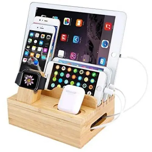 Charging Station for Multiple Devices, SNEDIY Bamboo Charging Station Dock for 4/5/6 Ports USB Charger, 7 in 1 Desktop Docking Station Without Power Supply Compatible with iPhone/iPad/Airpods/iWatch