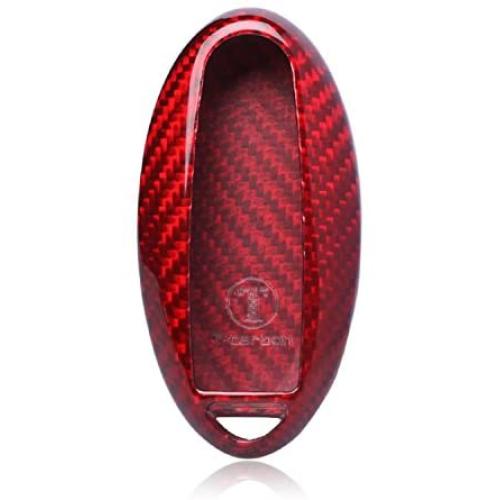 M.JVisun Genuine Carbon Fiber Key Fob Cover for Nissan 370Z Altima Maxima Murano Armada GT-R Leaf Sentra Rogue Pathfinder Versa Smart Car Remote Key, Mens Car Key Fob Case Womens Fob Cover - Red