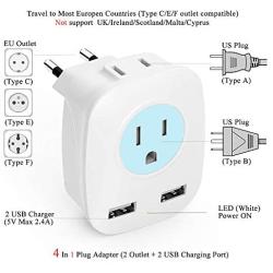 European Travel Plug Adapter International USB Charger with 2 USB Ports,2 AC Outlet for USA to Most of Europe Coutries France Spain Italy Turkey Iceland (Type C) 2-Pack