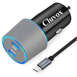 Cluvox Dual USB C Fast Car Charger Compatible for Samsung Galaxy S21/Note 20/10/S20/Plus/Ultra/S10/S9/A20/A50, Google Pixel 5/4a/4 XL/3a XL/2 18W Power Delivery Rapid Car Adapter with 3FT Type C Cord