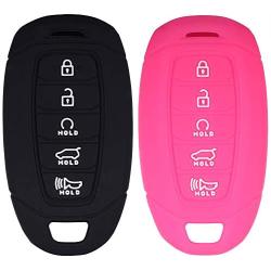 Lcyam Key Fob Cover Silicone Case Remote Holder Compatible with 2019 2020 2021 Hyundai Palisade Keyless Push Start 5 Button (Black Rose)