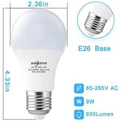 SHINESTAR 6-Pack A19 White LED Light Bulb 60 watt Equivalent, Daylight 5000K, Type A Bright LED Bulbs with E26 Medium Base, 120V 9W Energy Saving Lightbulbs, Non-dimmable