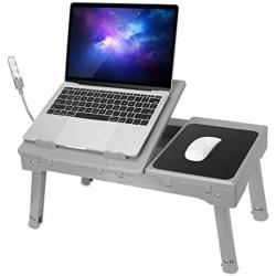 Laptop Desk for Bed Laptop Tray Table Foldable Stand Desk with Cooling Fan, 4 Port USB Hub, Adjustable LED Light, Mouse Pad and Storage Box for Working, Reading on Bed Couch Sofa (Grey)