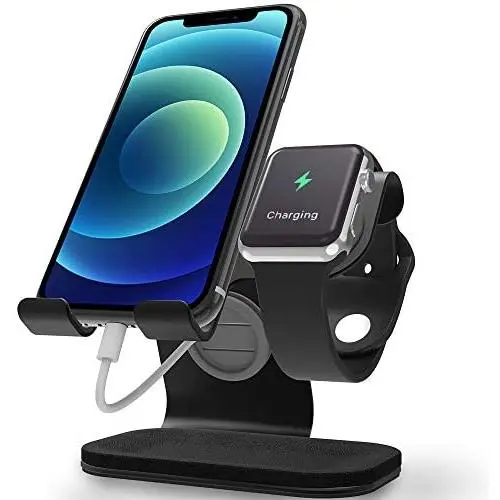 Apple Watch Stand, ZVEdeng Phone and Apple Watch Stand, Apple Watch Charging Station Stand Dock, Universal Stand Holder for iPhone 12 Pro Max/12/12 Pro/12 Mini Apple Watch 38mm-42mm-Black Leather