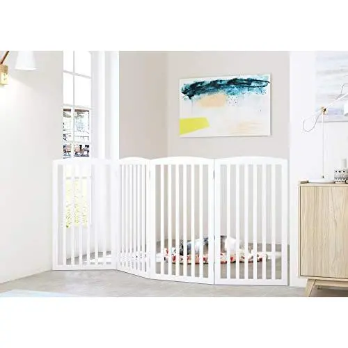 PAWLAND Freestanding Foldable Pet Gate for Dogs Extra Wide and Tall,4 Panel,36 inch Tall Dog Fence, Dog Gate for The House, Doorway, Stairs, White PAWLAND Freestanding Foldable Pet Gate for Dogs Extra Wide and Tall,4 Panel,36 inch Tall Dog Fence, Dog Gate for The House, Doorway, Stairs, White