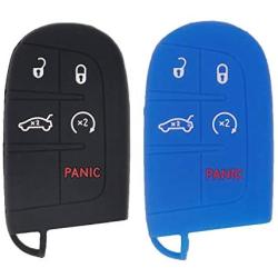 LemSa 2pcs Silicone 5 Button Smart Key Fob Cover Remote Keyless Entry Bag Compatible with Jeep Grand Cherokee Dodge Challenger Charger Dart Durango Journey Chrysler 300, Black Blue