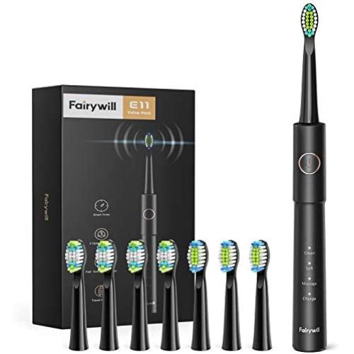 Electric Toothbrush, Fairywill Sonic Toothbrush ADA Accepted for Adults and Kids with 8 Bursh Heads, Ultra Cleaning 5 Modes 2 Hours Charging for 30 Days Use, E11 Black Rechargeable Power Toothbrush