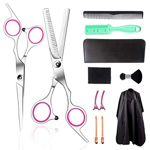 Hair Cutting Scissors Kits, Professional Stainless Steel Hair Cutting Shears Set for Barber Salon and Home, 12PCS Barber Thinning Scissors Hairdressing Shears(6.7'', Pink)