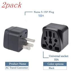 (2PACK) US Travel Plug Adapter,EU/UK/AU/IN/CN/JP/Asia/Italy/Brazil to USA Type B, 3 Prong Grounded USA Wall Plug, EU to US Travel Adaptor and Converter,Black