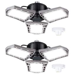 Led Garage Lights 2-Packs, 60w 6000 Lumens Deformable Triple Glow Garage Lighting with 3 Adjustable Led Panels, E26 Ceiling Light Led Shop Lights for Garage Warehouse Basement Workshop and Yard