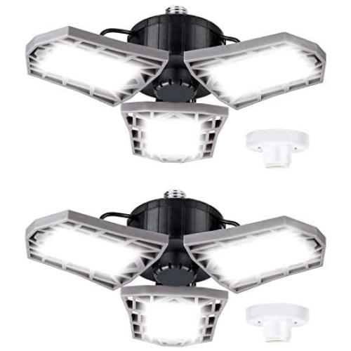 Led Garage Lights 2-Packs, 60w 6000 Lumens Deformable Triple Glow Garage Lighting with 3 Adjustable Led Panels, E26 Ceiling Light Led Shop Lights for Garage Warehouse Basement Workshop and Yard