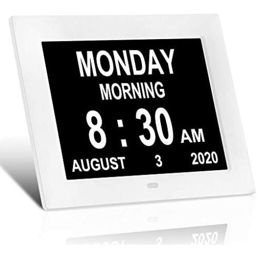 LaMi 7.5 Inch Digital Calendar Day Date Clock - 12 Alarm Options,Extra Large Non-Abbreviated Day&Month Memory Loss Clock for Seniors,Dementia,Impaired Vision (White)