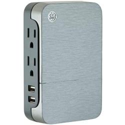 GE UltraPro 2 Outlet + 2 USB Side Access Surge Protector Tap, Plug-In, 2.4 Amp, 860 Joules, 33642, Silver