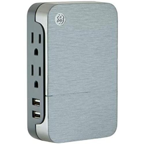 GE UltraPro 2 Outlet + 2 USB Side Access Surge Protector Tap, Plug-In, 2.4 Amp, 860 Joules, 33642, Silver