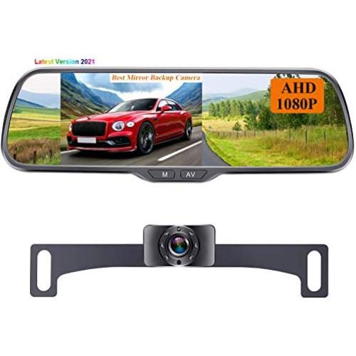 Rohent N01 AHD 1080P Backup Camera with 5'' Mirror Monitor 2021 New Chips Two Video Channels Driving Hitch Rear/Front View ONE-Wire Installation with Grid Lines DIY Setting for Cars,SUVs,Trucks