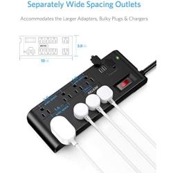 BESTEK 8-Outlet 10Ft Extension Cord Power Strip with USB 15A 1875W Surge Protector with 5V 4.2A 4 USB Charging Port Desktop Charging Station,600Joule,Ultra-Compact Wide Spaced Outlet for Large Charger