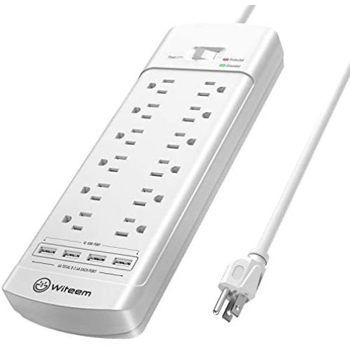 Power Strip,Witeem Surge Protector with 12-Outlet (1875W/15A,4360Joules) and 4 USB Charging Ports (5V/6A,30W),6Ft Extension Cord,Wall Mountable Overload Protection Outlet for Home & Office, White