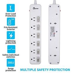 Power Strip Surge Protector with Individual Switches, 6 ft Long Extension Cord,ETL Certification, 1875W / 15A / 125V Wall-Mounted for Office Dormitory Kitchen Home Theater