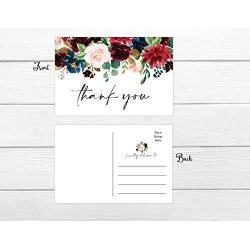 50 Thank You Postcards - Burgundy Floral (50-Cards) Stationery Set for Wedding, Bridesmaid, Bridal Baby Shower, Teachers, Appreciation, Religious, Business, Holidays