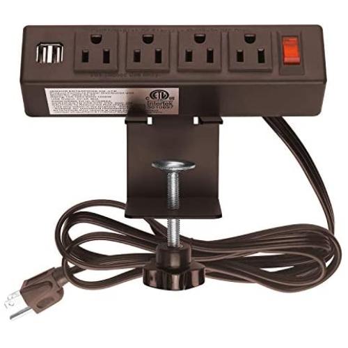 Desk Clamp Power Strip, Desktop Clamp Mount Power Outlet with 2 USB Ports, 4 AC Outlets, Mountable Desk Outlet Removable Power Plugs with 6.56ft Power Cord (Brown)