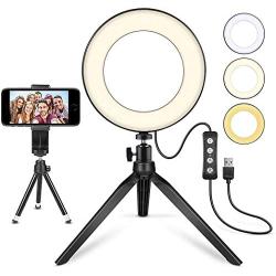 LED Ring Light 6'' with Tripod Stand for YouTube Video and Makeup, Mini LED Camera Light with Cell Phone Holder Desktop LED Lamp with 3 Light Modes & 11 Brightness Level (6'')