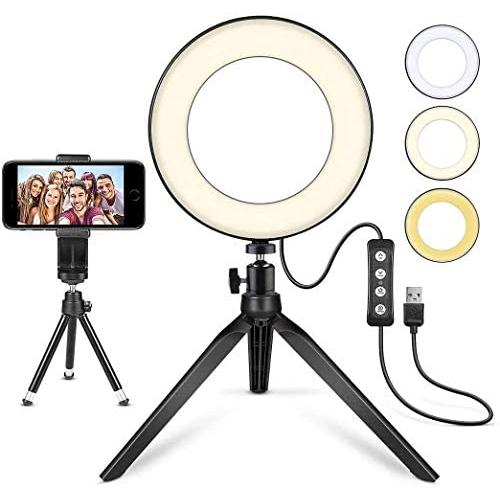LED Ring Light 6'' with Tripod Stand for YouTube Video and Makeup, Mini LED Camera Light with Cell Phone Holder Desktop LED Lamp with 3 Light Modes & 11 Brightness Level (6'')