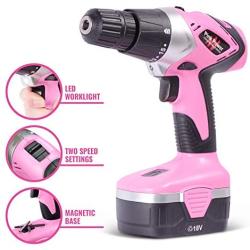 Pink Power Drill PP182 18V Cordless Electric Drill Driver Set for Women - Tool Case, 18 Volt Drill, Charger and 2 Batteries