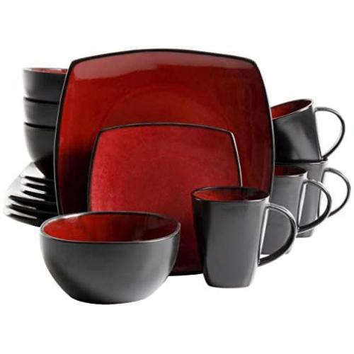 Gibson Soho Lounge 16-Piece Square Reactive Glaze Dinnerware Set, Red