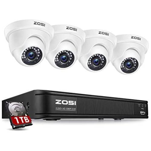 ZOSI 1080P H.265+ Home Security Camera System,5MP Lite 8 Channel Surveillance DVR with Hard Drive 1TB and 4 x 1080p Weatherproof CCTV Dome Camera Outdoor Indoor with 80ft Night Vision, Motion Alerts
