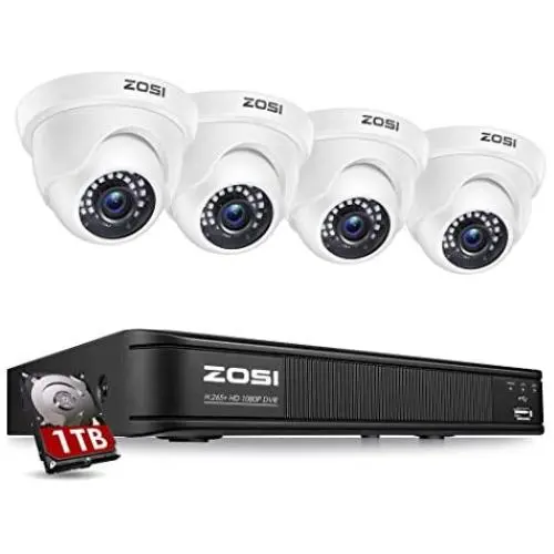 ZOSI 1080P H.265+ Home Security Camera System,5MP Lite 8 Channel Surveillance DVR with Hard Drive 1TB and 4 x 1080p Weatherproof CCTV Dome Camera Outdoor Indoor with 80ft Night Vision, Motion Alerts