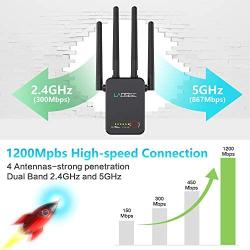 LAOSGE Super WiFi Extender Signal Booster, 1200Mbps Wireless Internet Amplifier Covers up to 2500 Sq.ft and 20 Devices, 2.4 & 5GHz Dual Band WiFi Repeater with Ethernet/LAN Port (Black)