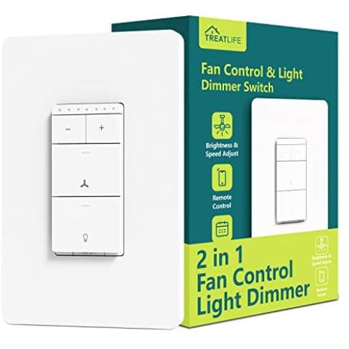 Smart Ceiling Fan Control and Dimmer Light Switch, Neutral Wire Needed, Treatlife Single Pole Wi-Fi Light Switch Fan Speed Control, Works with Alexa/Google Home, Smart Home Remote Control (1PACK)
