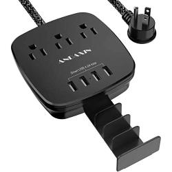 Power Strip with Phone Shelf, ANDAXIN 6 Feet Long Braided Flat Plug Extension Cord with 3 Outlet and 4 USB Ports, Compact Size Charging Station for Home, Office, Dorm Essentials, Black