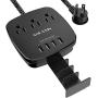 Power Strip with Phone Shelf, ANDAXIN 6 Feet Long Braided Flat Plug Extension Cord with 3 Outlet and 4 USB Ports, Compact Size Charging Station for Home, Office, Dorm Essentials, Black