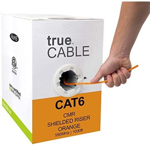 trueCABLE Cat6 Shielded Riser (CMR), 1000ft, Orange, 23AWG Solid Bare Copper, 550MHz, ETL Listed, Overall Foil Shield (FTP), Bulk Ethernet Cable