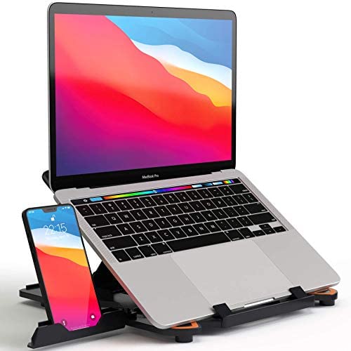 Laptop Stand with Phone Holder - Foldable Computer Lift with 360 Rotating Swivel Base - Adjustable Portable MacBook Stand for Desk - Ergonomic Riser for Office - Cooling Mount for Gaming Laptops