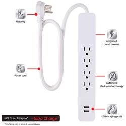 GE, White, Pro 4 Outlet Power Strip Surge Protector, 3 Extension Cord with Flat Plug, 560 Joules, 2.1A USB Charging Ports, Wall Mount Keyholes, 41385, 3 Ft