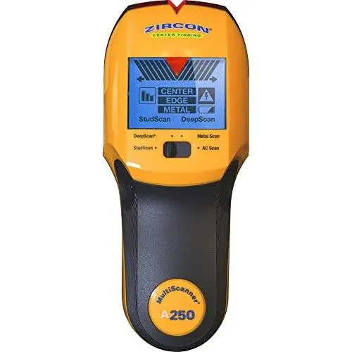 Zircon Stud Finder Pro/DIY 4 in 1 MultiScanner A250 Wall Scanner; Stud/DeepScan Modes Detect Edges/Center of Wood/Metal to 1 ½” Metal Mode Lath & Plaster AC Mode Detects Live, Unshielded AC US Model