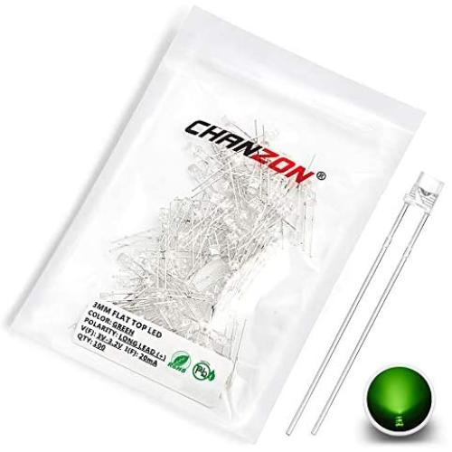 Chanzon 100 pcs 3mm Green LED Diode Lights (Clear Flat Transparent DC 3V 20mA) Bright Lighting Bulb Lamps Electronics Components Indicator Light Emitting Diodes